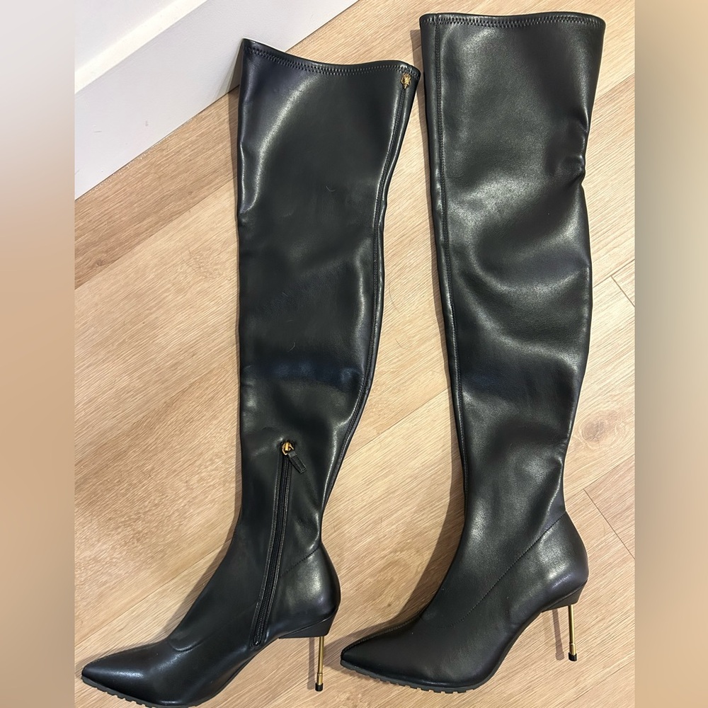 Kurt Geiger Black Over the Knee Boots with Gold Skull Emblem
